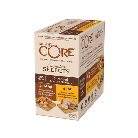 Front image of WELLNESS CORE Adult Cat Chicken Shredded Selection Multipack 8x79g - Pets Villa.