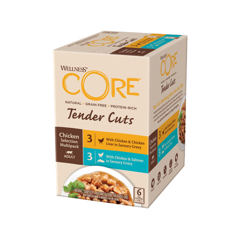 Front image of WELLNESS CORE Adult Cat Chicken Tender Cuts Selection Multipack 6x85g - Pets Villa. 