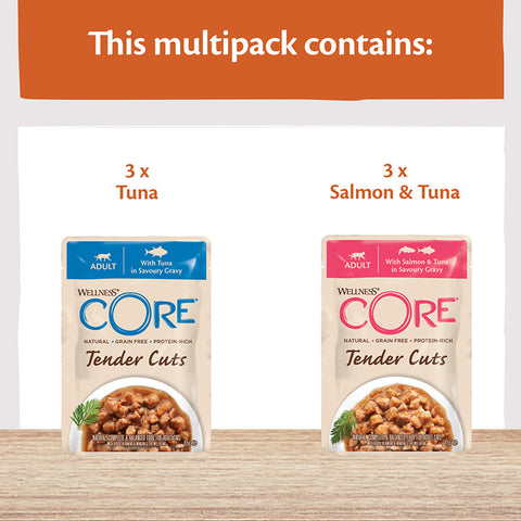 Image of the content of WELLNESS CORE Adult Cat Tuna Selection Multipack 6x85g - Pets Villa. 