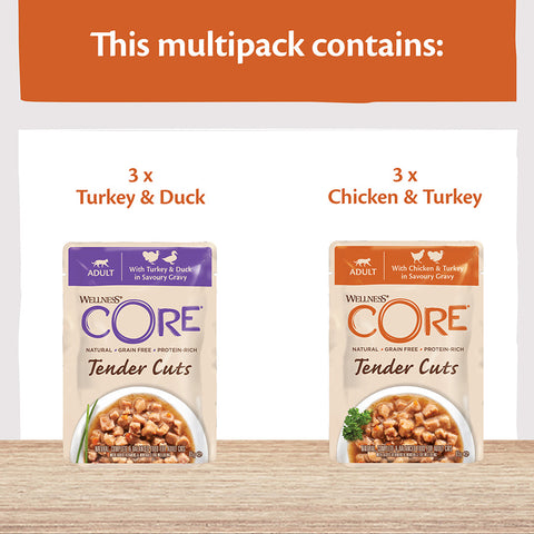 Contents image of WELLNESS CORE Adult Cat Turkey Selection Multipack 6x85g  - Pets Villa. 