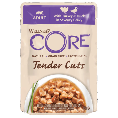 Front image of WELLNESS CORE Cat Tender Cuts with Turkey and Duck in Savoury Gravy - Pets Villa. 