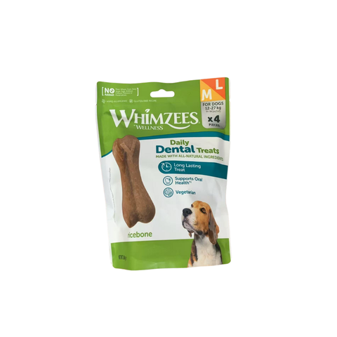 Front image of WHIMZEES Dog Daily Dental Ricebone Treats 4pcs M/L - Pets Villa.