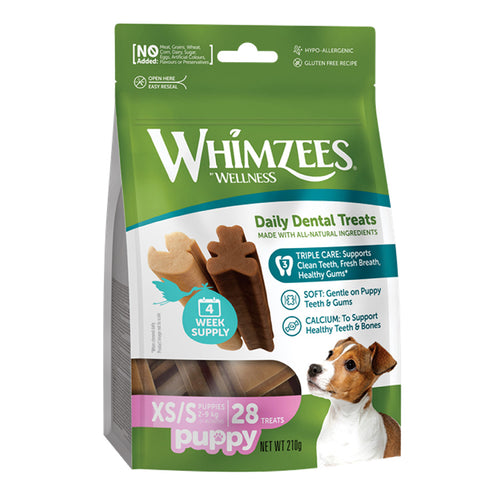 Front image of WHIMZEES Puppy Daily Dental Treats XS/S 28 Treats - Pets Villa. 