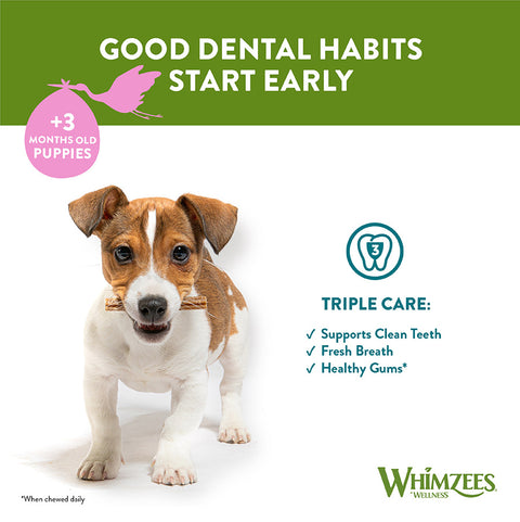 Image of the advantages of WHIMZEES Puppy Daily Dental Treats XS/S 28 Treats - Pets Villa. 