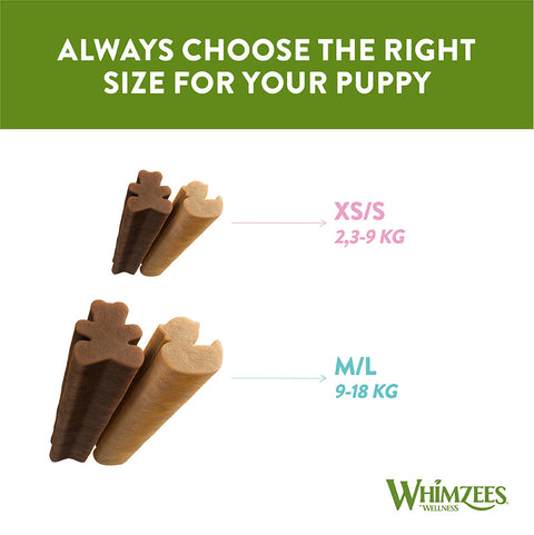Comparison image of puppy sental stick sizes WHIMZEES Puppy Daily Dental Treats XS/S 28 Treats - Pets Villa. 