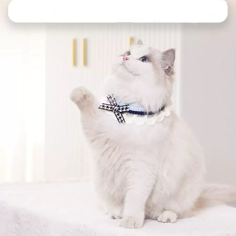 Image of a cat wearing White and Blue Handcrafted Woven Pet Collar - Pets Villa.