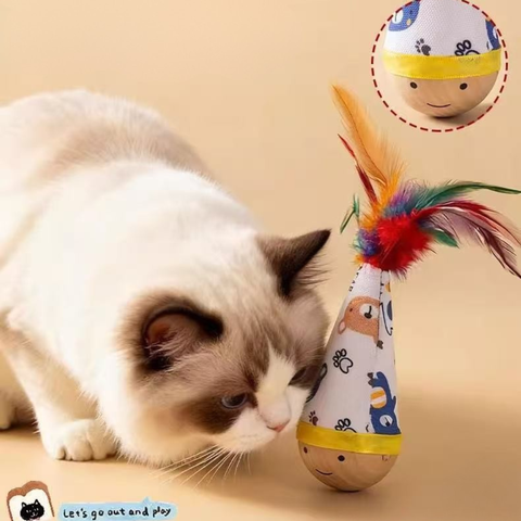 Product image of Wooden Wobble Feather Cat Toy - Pets Villa. 