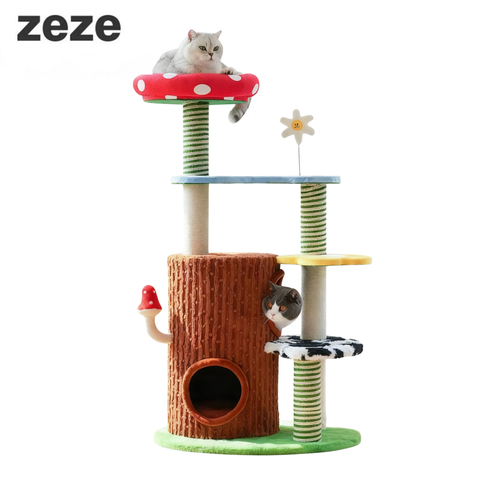 Front image of ZEZE Deluxe 3-in-1 Mushroom Multifunction Cat Tree - Pets Villa. 