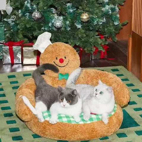 Image of 2 cats on ZEZE Gingerbread Hug Pet Sofa Bed  - Pets Villa. 