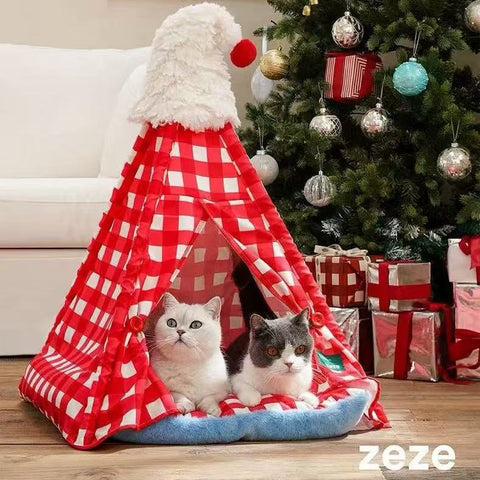 Front image of ZEZE Red Christmas Pet Tent - Pets Villa. 