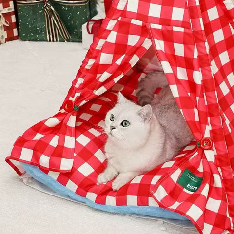 Image of a cat in ZEZE Red Christmas Pet Tent  - Pets Villa. 