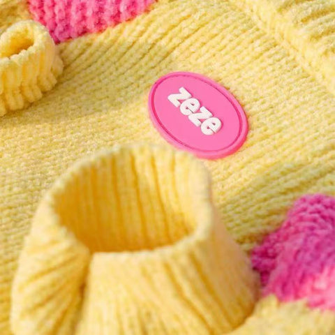 Close up image of ZEZE Warmth Pink and Yellow Striped Pet Sweater - Pets Villa. 
