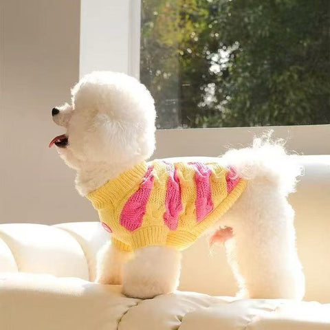 Side image of ZEZE Warmth Pink and Yellow Striped Pet Sweater - Pets Villa. 