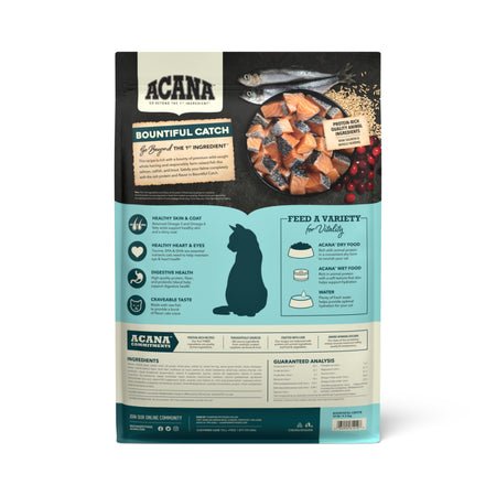ACANA Bountiful Catch dry cat food for adult cats, featuring wild-caught salmon, herring, and trout ingredients.