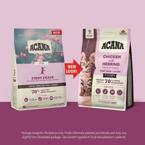 Bag of ACANA First Feast kitten food with WholePrey meat, organ, cartilage and bone for balanced nutrition.