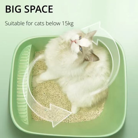Cream-colored AMEIFU cat litter tray with 24cm high walls and included litter scoop