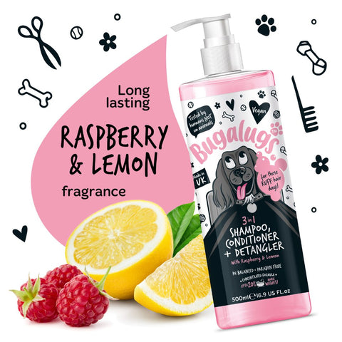 BUGALUGS 3 in 1 Raspberry & Lemon Shampoo, Conditioner + Detangler 250ml - Pets Villa