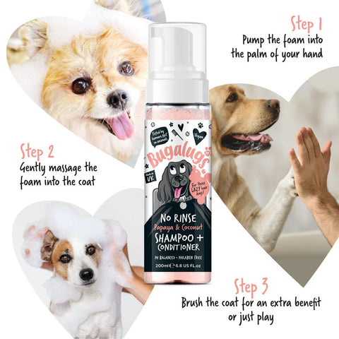 BUGALUGS Dog No Rinse Papaya & Coconut Shampoo and Conditioner 200ml - Pets Villa