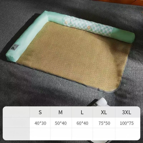 Green and White Plaid Pet Rattan Cooling Mat