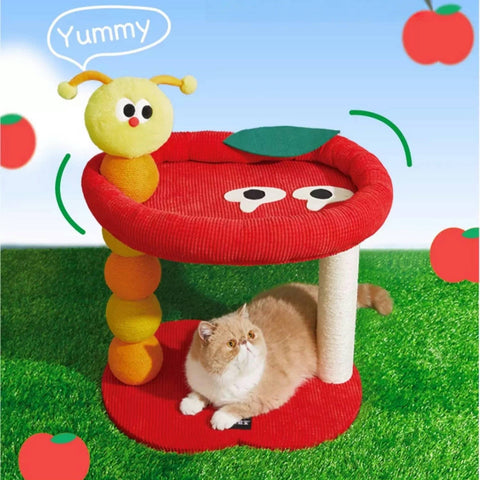 PURLAB Red Apple Cat Scratcher & Bed with Caterpillar Design - Pets Villa