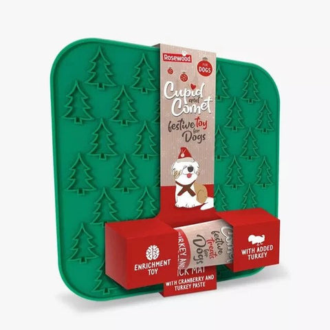 Rosewood Cupid & Comet festive green lick mat with Christmas tree design
