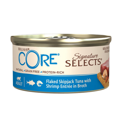 WELLNESS CORE Flaked Skipjack Tuna with Shrimp Entree in Broth 79g - Pets Villa