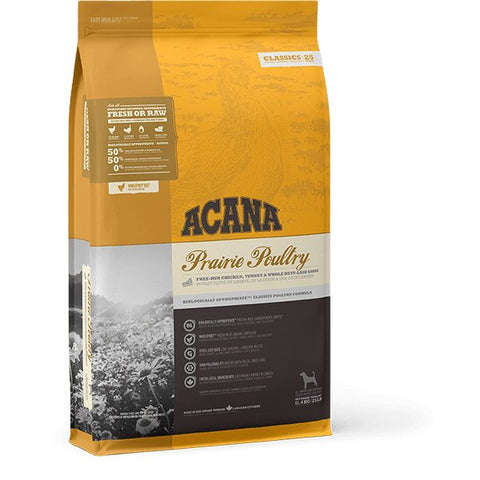 Close-up of small brown ACANA Prairie Poultry kibble pieces for adult dogs
