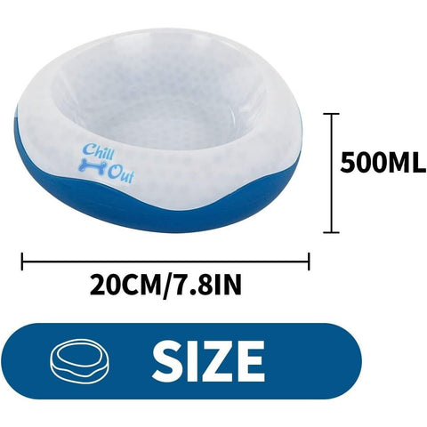 Blue cooling gel dog bowl keeping water and food fresh outdoors