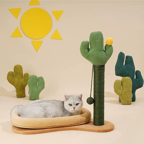 ZEZE Cactus Scratching Post & Bed - A close up of the two together, with a grey cat relaxing in the bed. This is a product of Pets Villa.