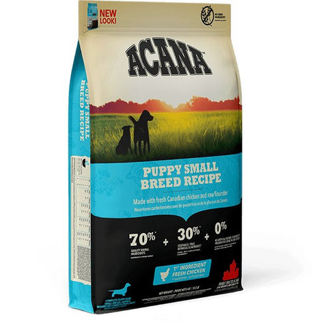ACANA Puppy Small Breed dog food front packaging with fresh Canadian chicken and raw flounder