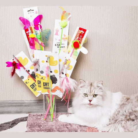 Cat Teaser Toy with Feathers & Bells – 60cm Extendable Wand