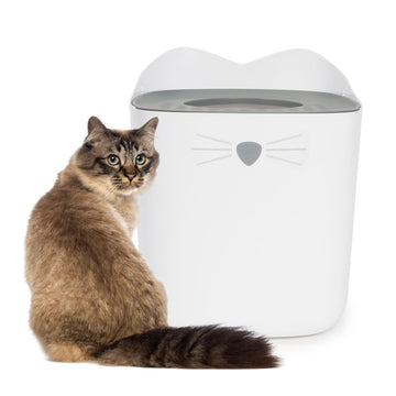 CATIT PIXI Top Entry Litter Box - Product image with a cat sat next to it. This is a product of Pets Villa.