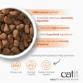 CATIT Recipes Adult Poultry Cat Food - showing the benefits of the food such as glossy coat, hairball control and health immune system. This is a product of Pets Villa.