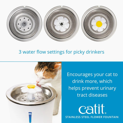 CATIT Stainless Steel Flower Fountain for Cats 3L - Alternative product image showing the 3 water flow settings. This is a product of Pets Villa.