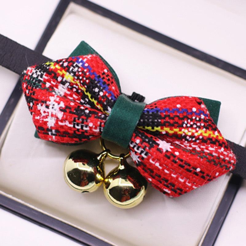 Christmas Bow Tie - Tartan red with a black collar attachement. This is a product of Pets Villa.