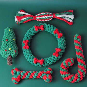 Christmas Dog Rope Toy Set - This is a 5 piece set in green, white and red colours. This is a great Christmas addition for your dog.This is a product of  Pets Villa.