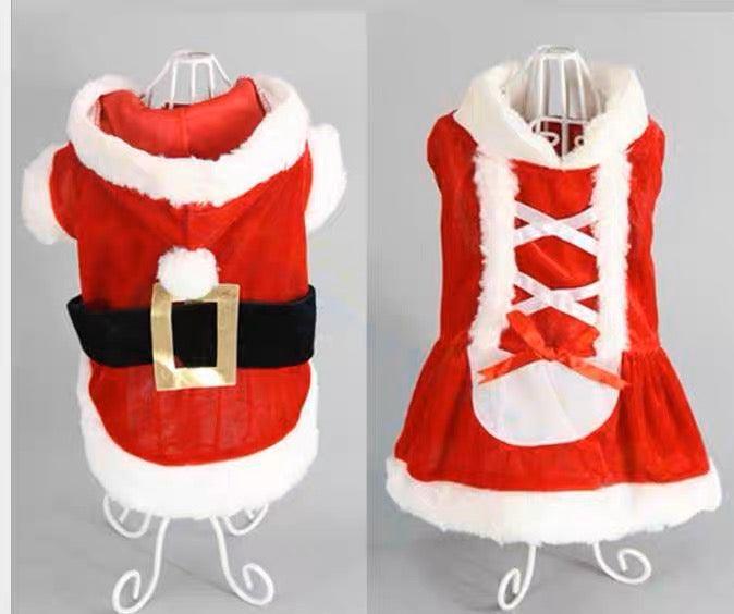 Christmas Santa Clothes & Dress - Red Mr Claus suit and Red Mrs Claus dress. Seasonal item perfect for your pet to wear at Christmas. This is a product of Pets Villa.