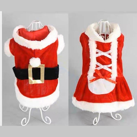 Christmas Santa Clothes & Dress - Red Mr Claus suit and Red Mrs Claus dress. Seasonal item perfect for your pet to wear at Christmas. This is a product of Pets Villa.