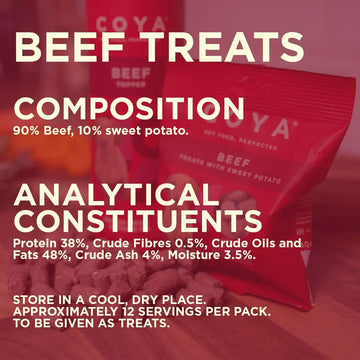 COYA Beef Treats with Sweet Potato 40g - Product image showing composition. This is a product of Pets Villa.