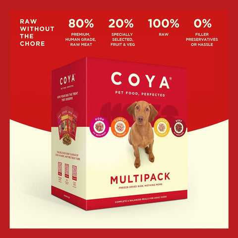 COYA Freeze-Dried Raw Adult Dog Food Multipack - Product image with benefits. This is a product of Pets Villa.