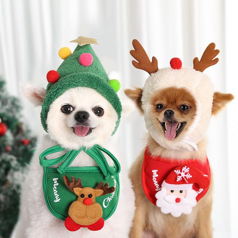 Christmas Pet Bandana - Green with a Reindeer on and a Red option with a Santa on. Both say Merry Christmas. This is a product of Pets Villa.