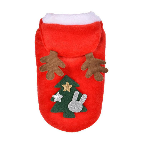 Christmas Tree Cute Pet Jumper Outfit - This is a red Christmas themed jumper outfit suitable for your dog or cat. There are cute antlers on the hood and a festive Christmas tree with decoration on the back. This is a product of Pets Villa.