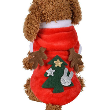 Christmas Tree Cute Pet Jumper Outfit - This is a red Christmas themed jumper outfit suitable for your dog or cat. There are cute antlers on the hood and a festive Christmas tree with decoration on the back. This is a product of Pets Villa.