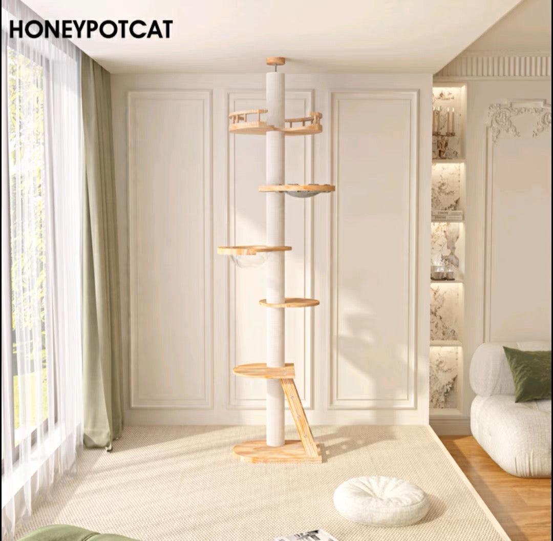 HONEYPOT CAT 250-295cm Solid Wood Ceiling Height Cat Tree (No screws needed for the top) - Pets Villa