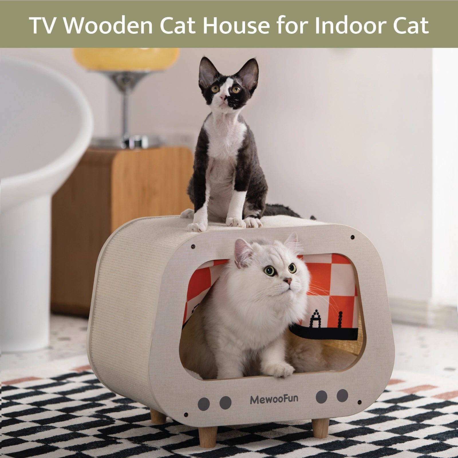 MEWOOFUN Wooden TV Cat Play House - Pets Villa
