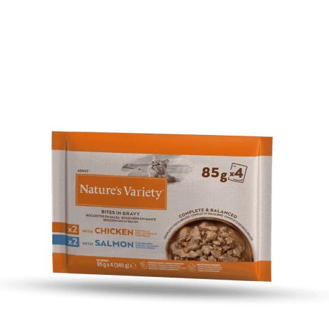 NATURE'S VARIETY Bites in Gravy with Chicken or Salmon Multipack (4x85g) - Pets Villa