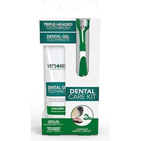 VET'S BEST Dog Triple Headed Toothbrush & Dental Gel Toothpaste Kit - Pets Villa